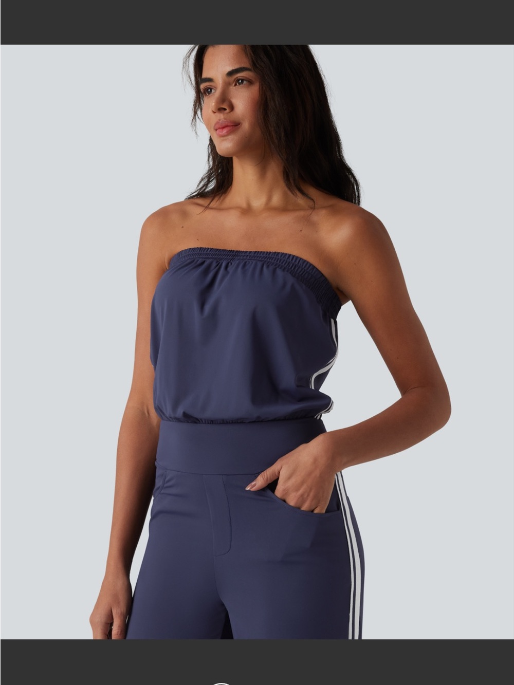 HALARA Dark Purple Strapless Jumpsuit with White Side Stripe Detail
